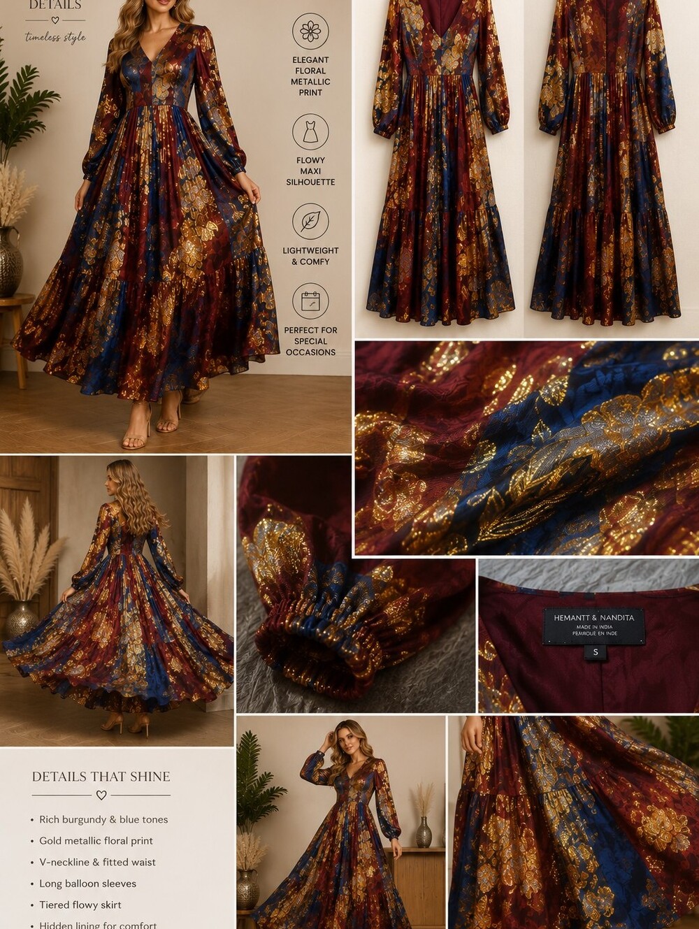 HEMANT & NANDITA Maroon Skirt with Blue Panels and Gold Metallic Detailing